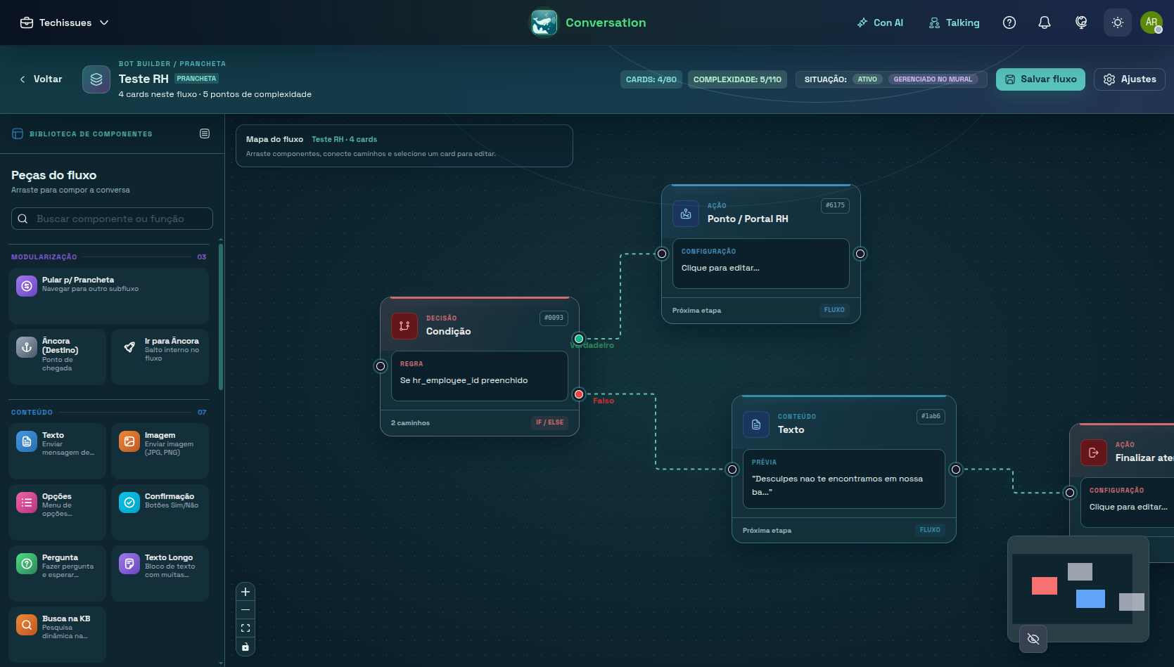 Tablero de bot con condiciones y componentes conectados