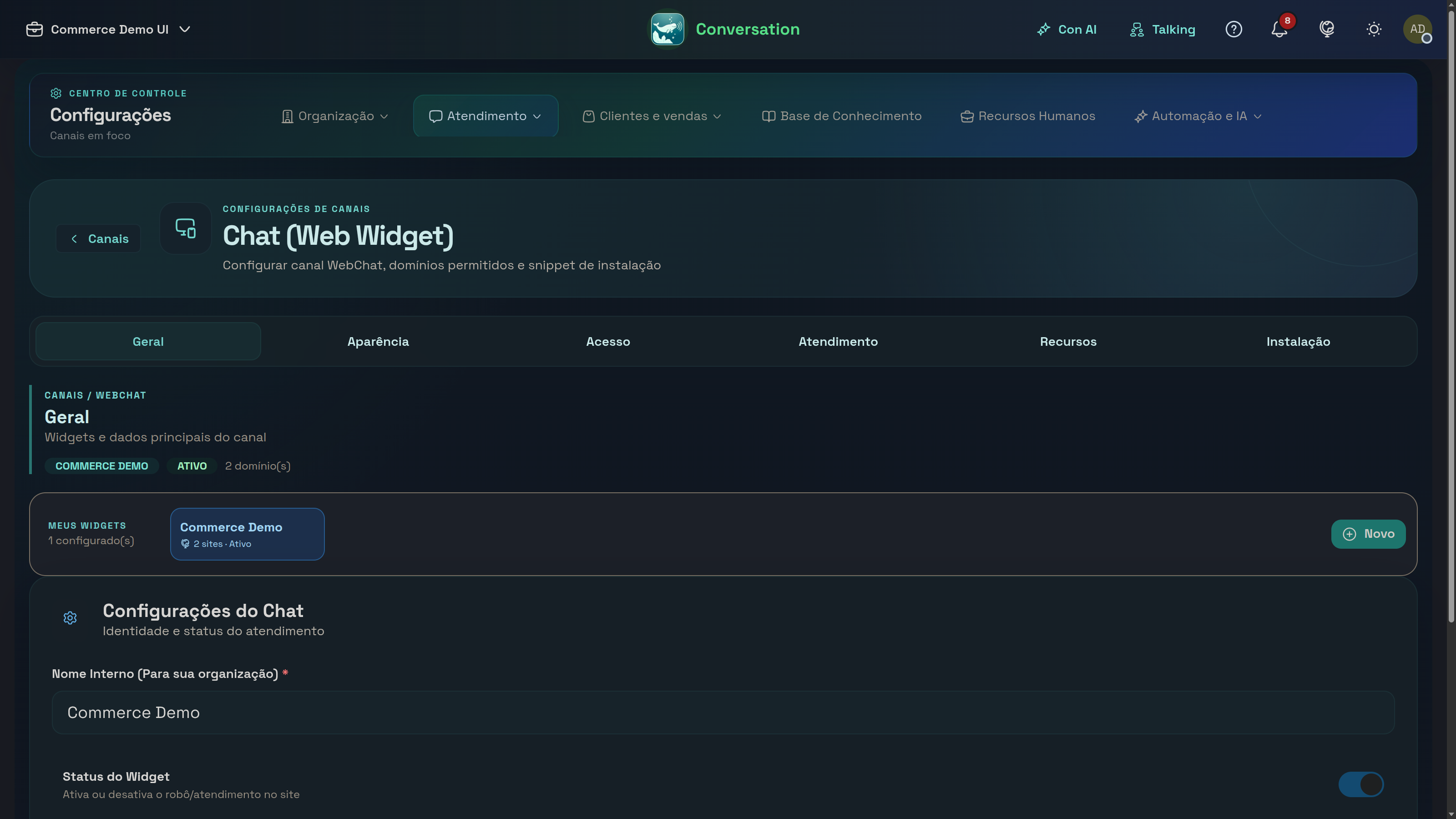 Configuración del canal, identidad y comportamiento del Widget